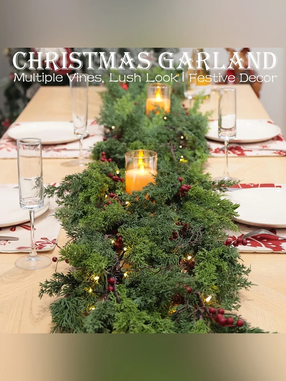 6 Feet Christmas Garland Decorations - Real Touch Cedar - Free LED String Lights